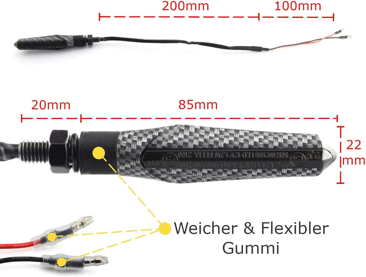 Area1 Motorrad LED Blinker e-geprüft carbon Lauflicht Effekt M8 Set (2Stück) + 2Pin LED Blinker Rela