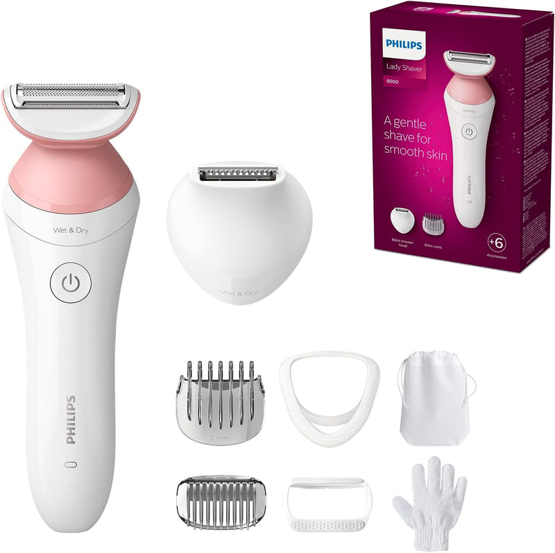 PHILIPS Lady Shaver Series 6000, Kabelloser Rasierer mit 6 Zubehörteilen Körperpeeling-Handschuh, Tr