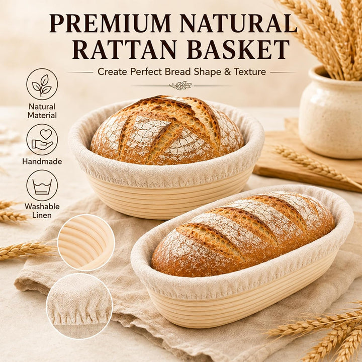 Sauerteig Starter Set 14-teilig, Gärkörbchen 23cm Rund &amp; 25cm Oval | Brot Backen Zubehör mit Gärkörb