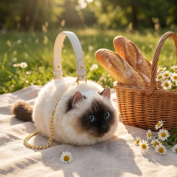 HUIJUFU Realistische Puffy-Plüsch-Katzentasche in Form einer Umhängetasche für Frauen (Siamkatze), S