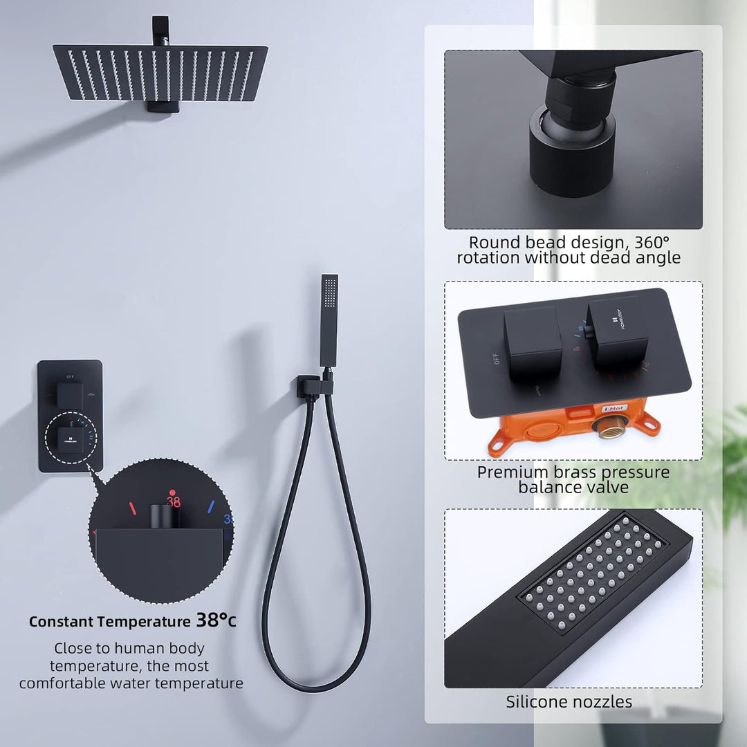 HOMELODY Schwarz Duschsystem mit Thermostat Unterputz Regendusche Duschsystem Eckig,Duscharmatur Dus