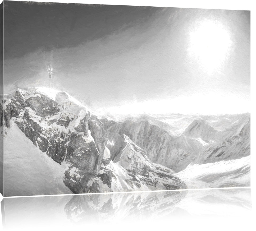 Pixxprint Zugspitze im Sonnenlicht Kohle Zeichnung Effekt, Format: 100x70 auf Leinwand, 100x70