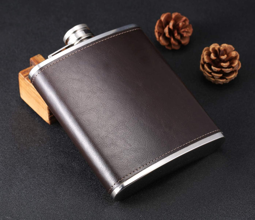 18 oz Coffee Color Stainless Steel Large Capacity Whiskey Liquor Hip Flask with Leather Wrapped, TOX