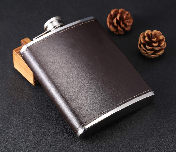 18 oz Coffee Color Stainless Steel Large Capacity Whiskey Liquor Hip Flask with Leather Wrapped, TOX