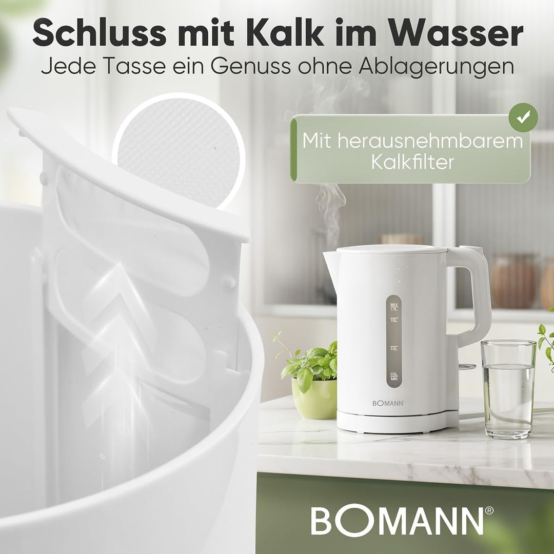 Bomann Wasserkocher 1,7L | 2200W für schnelles Erhitzen | BPA frei | Einhandbedienung | Wasserstands
