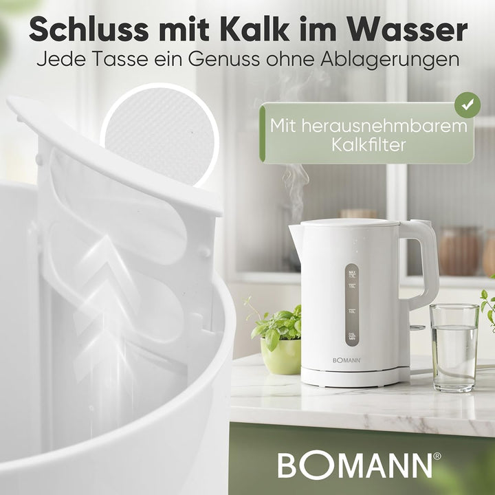 Bomann Wasserkocher 1,7L | 2200W für schnelles Erhitzen | BPA frei | Einhandbedienung | Wasserstands