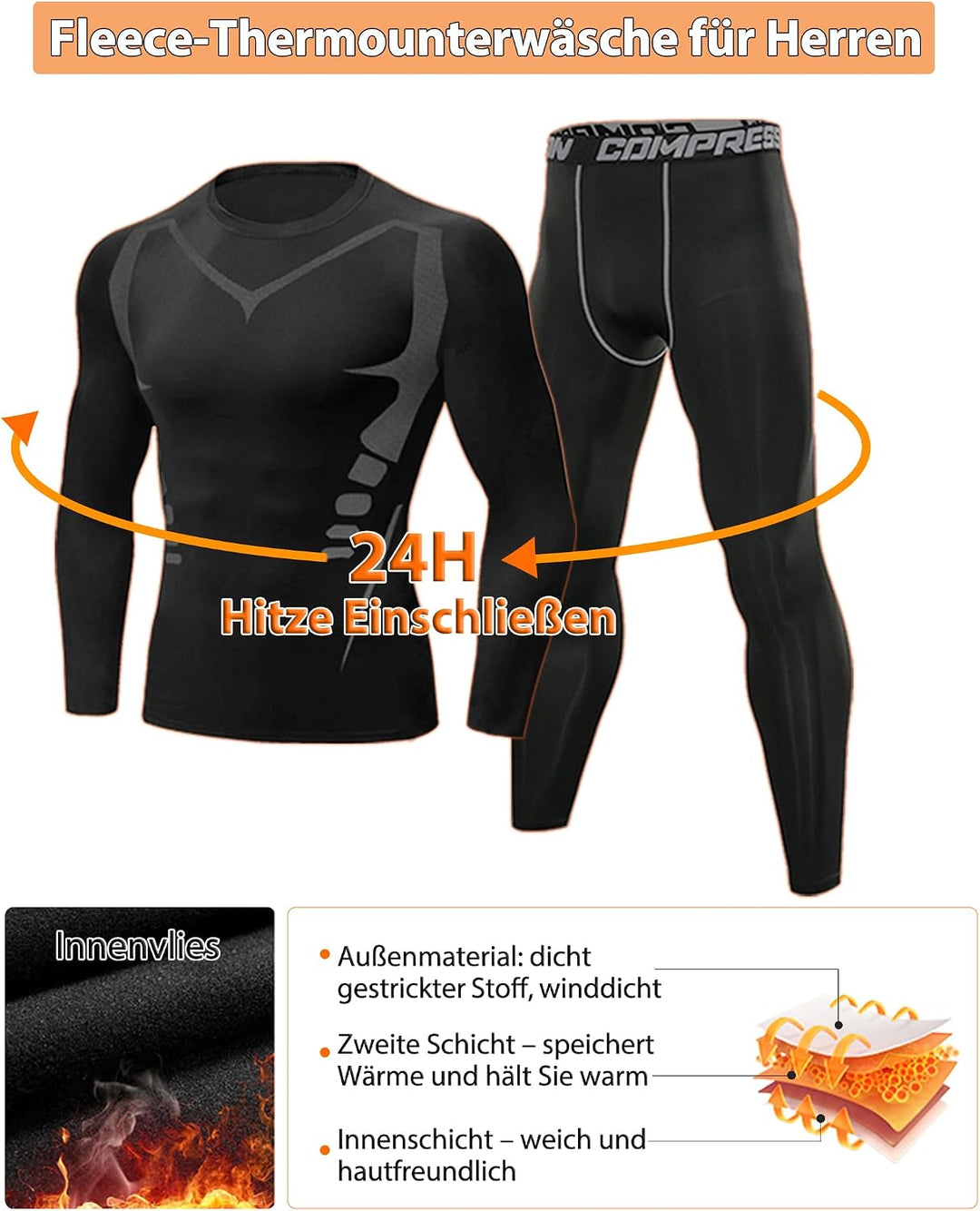 Terecey Thermounterwäsche Herren Winter Thermo Unterwäsche Set Fussball Funktionsunterwäsche Innenfl
