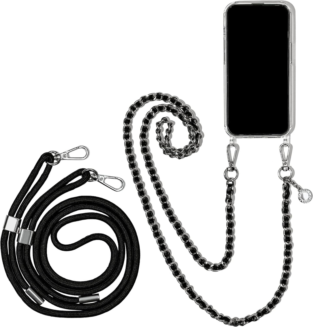 Jalouza Handykette, Kordel & Hülle Bundle kompatibel mit iPhone 13 - Metallkette in Schwarz-Silber u