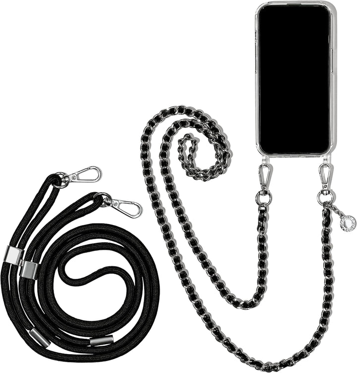Jalouza Handykette, Kordel & Hülle Bundle kompatibel mit iPhone 13 - Metallkette in Schwarz-Silber u