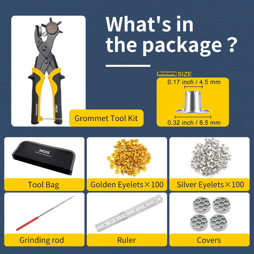 XOOL 2 in 1 Leder Lochzange Ösen Werkzeug Set, 4,5 mm Metall Ösen für Stoff, Lochstanzer, Ösenzange