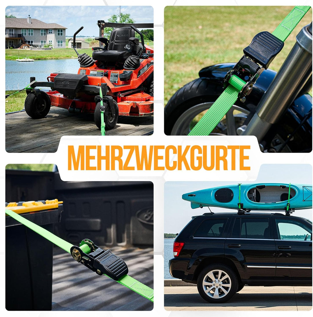 FORTEM Spanngurte, 748 kg Bruchfestigkeit, 4 x 4,57 m Spanngurte mit Ratsche - 4 Weiche Zurrschlaufe