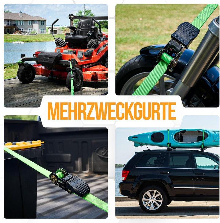 FORTEM Spanngurte, 748 kg Bruchfestigkeit, 4 x 4,57 m Spanngurte mit Ratsche - 4 Weiche Zurrschlaufe