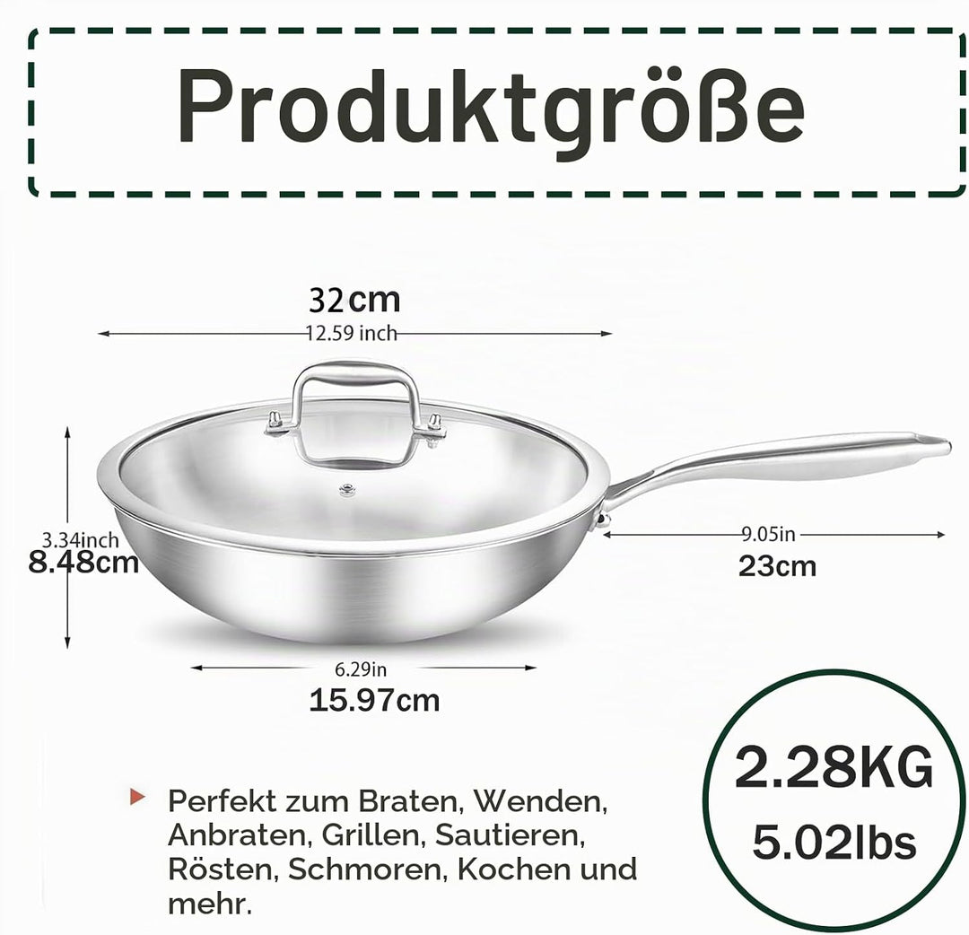 Edelstahl Wokpfanne 32 cm Induktion, Durchgehend 3-lagig Wok 32cm, 32cm