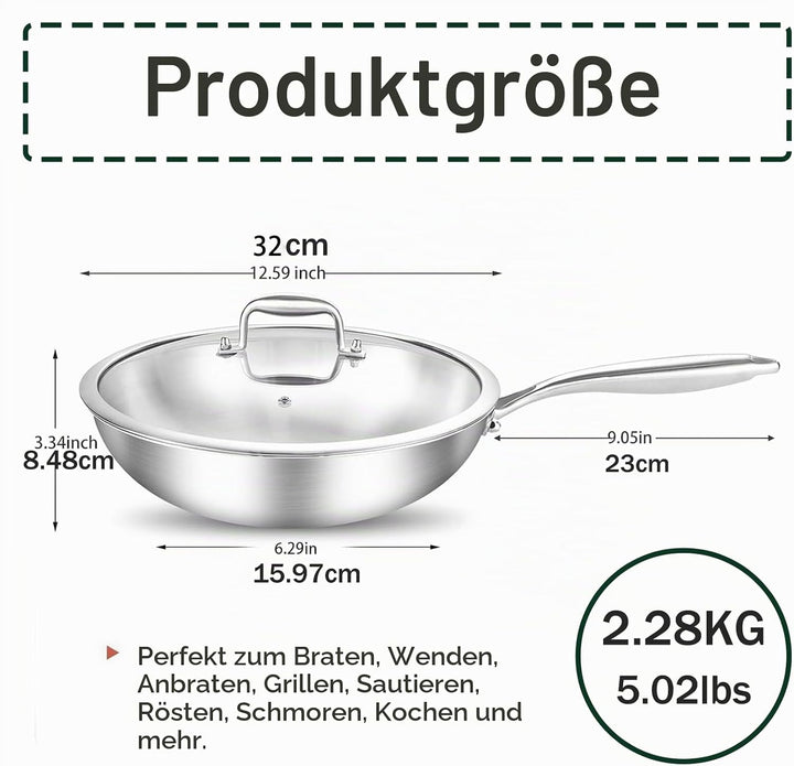 Edelstahl Wokpfanne 32 cm Induktion, Durchgehend 3-lagig Wok 32cm, 32cm