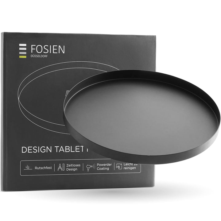 FOSIEN® Design Tablett Schwarz aus Metall mit Anti Rutsch Beschichtung auf der Unterseite/dekoteller