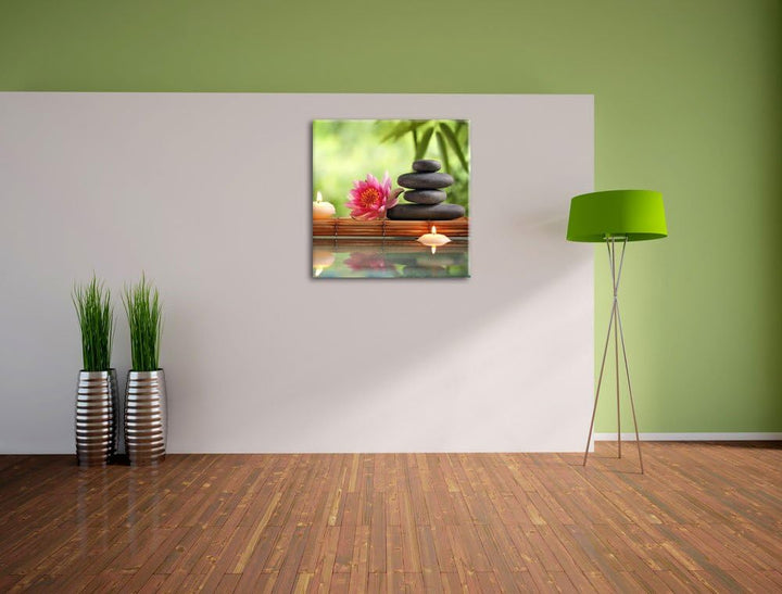 Pixxprint Seerose mit Zen Steinen im Tempel als Leinwandbild/Grösse: 70x70 cm/Wandbild/Kunstdruck/fe