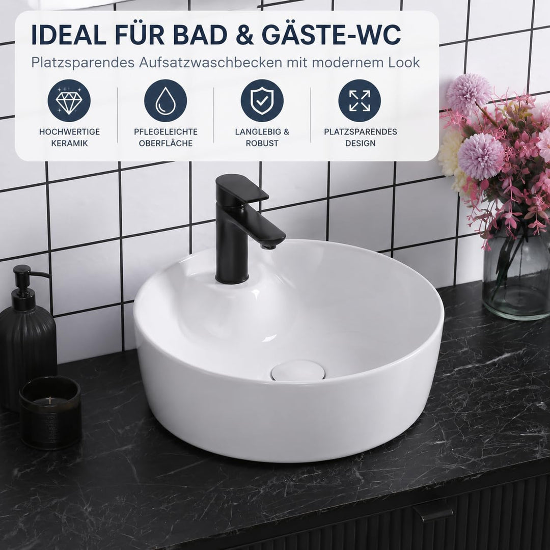 Art-of-Baan® Keramik-Aufsatzwaschbecken I Waschbecken mit Lotus-Effekt I Handwaschbecken in Weiss I