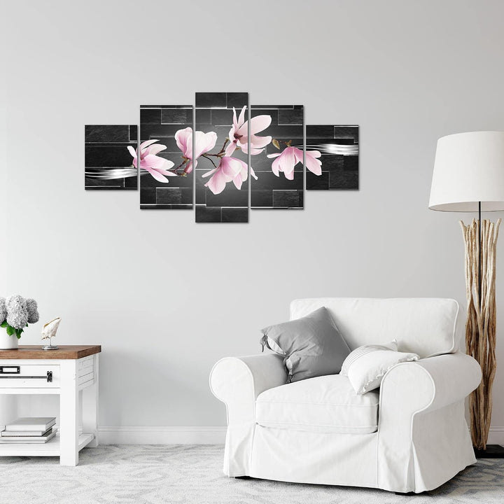 Runa Art Wandbilder Blumen Magnolien 5 Teilig Bild auf Vlies Leinwand Deko Wohnzimmer Ziegel Schwarz