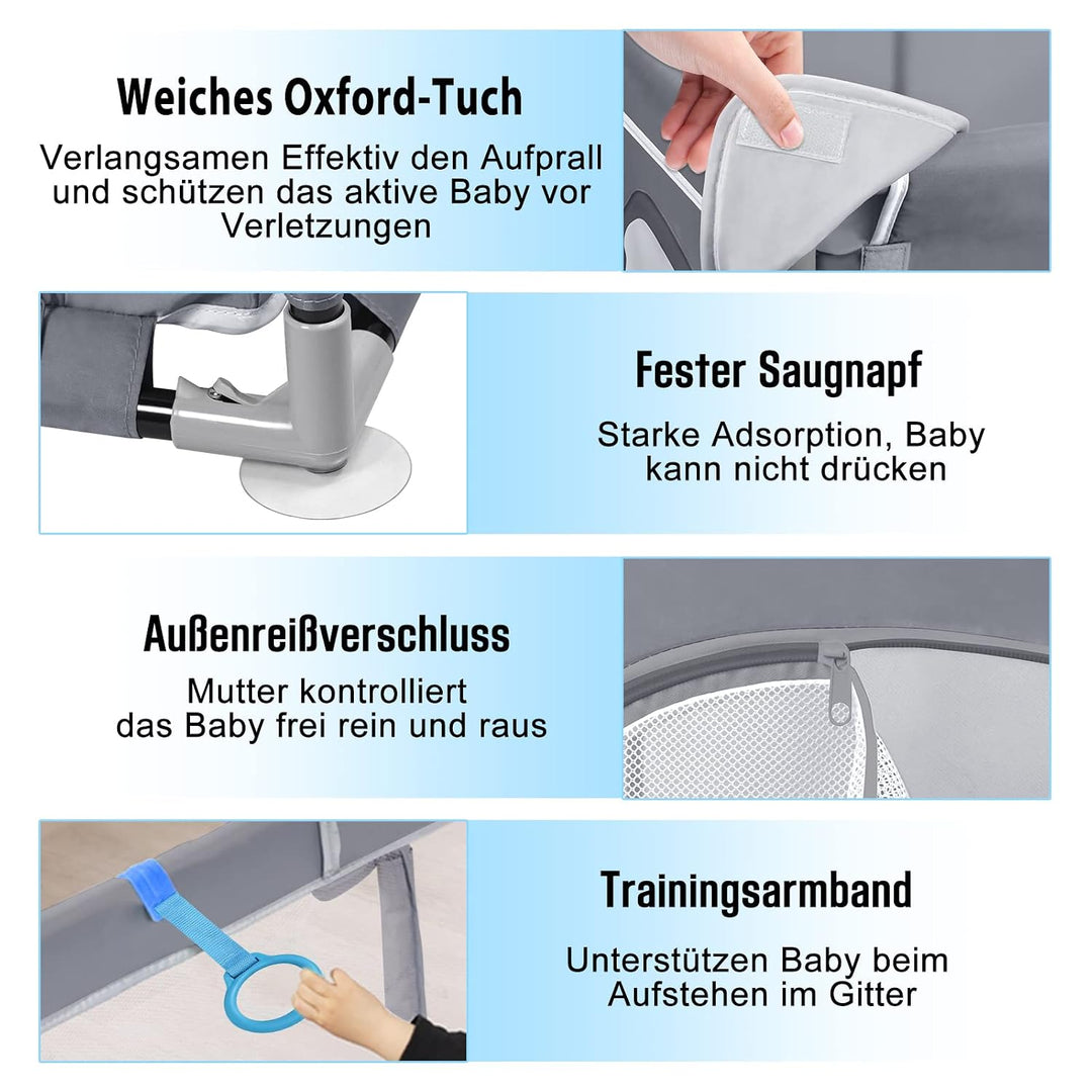 Aufun Baby Laufstall Laufgitter mit atmungsaktivem Netz und Reissverschluss, Grau Rechteckiges Krabb