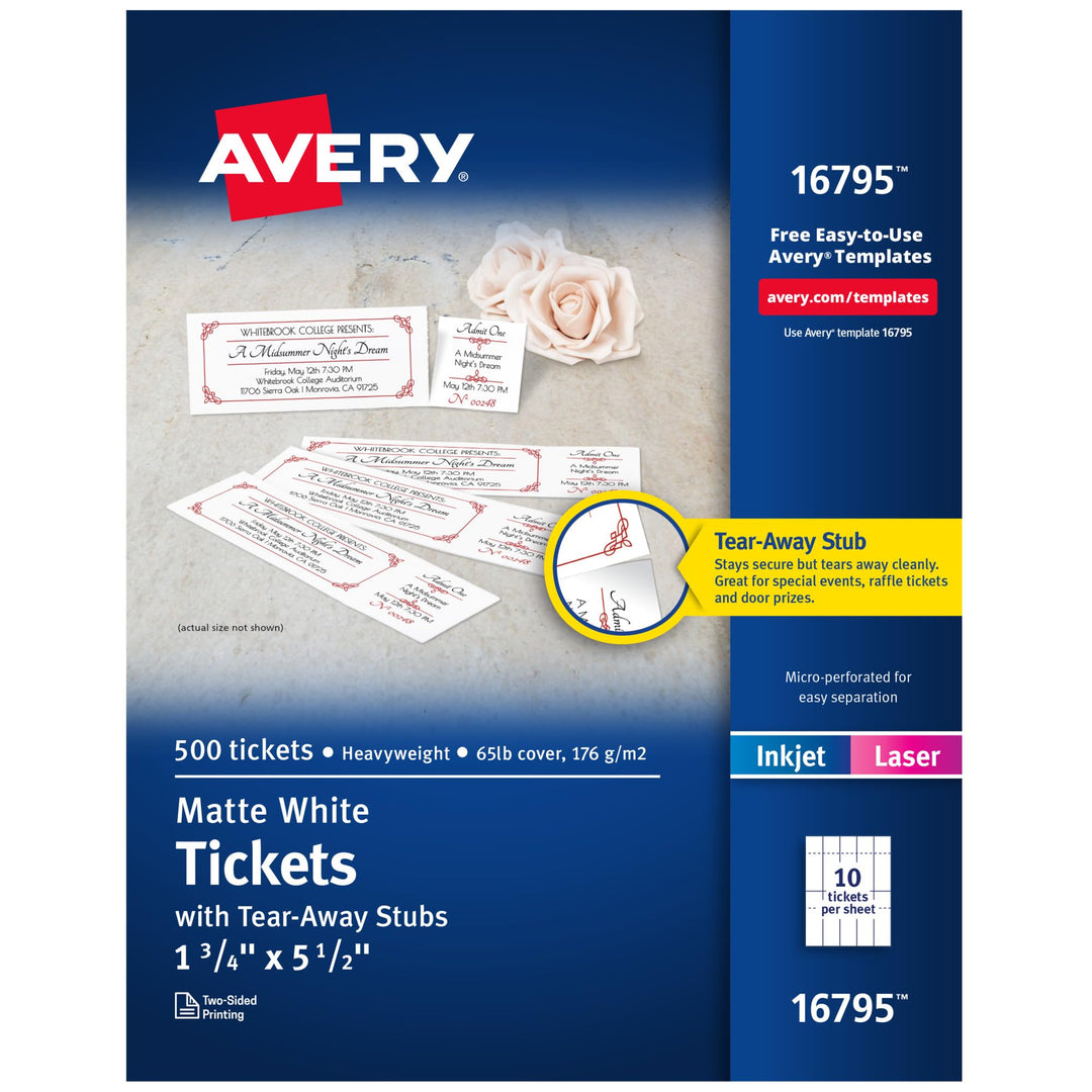 Avery 16795 Tickets mit abreissbaren Noppen, 3,5 x 13,7 cm, matt, Weiss, 500 Stück 500 Tickets, 500 
