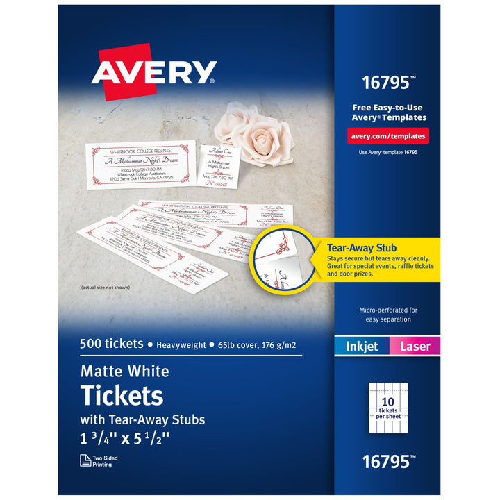 Avery 16795 Tickets mit abreissbaren Noppen, 3,5 x 13,7 cm, matt, Weiss, 500 Stück 500 Tickets, 500 