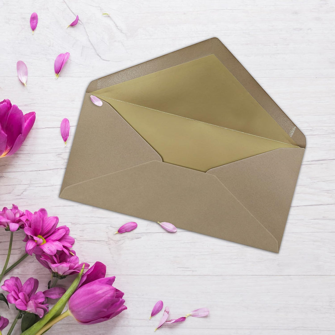 75 Brief-Umschläge DIN Lang - Cappuccino mit Gold-Metallic Innen-Futter - 110 x 220 mm - Nassklebung