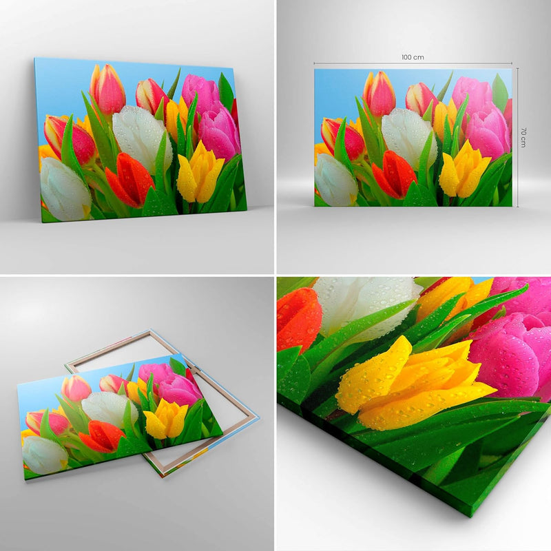 Bilder auf Leinwand 100x70cm Leinwandbild Tulpen Blumenstrauss Blumen Tau Gross Wanddeko Bild Schlaf