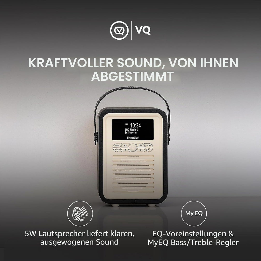 VQ Retro Mini Tragbares Radio mit Bluetooth-Lautsprecher und 60 Voreinstellungen. Enthält ein DAB-Ra