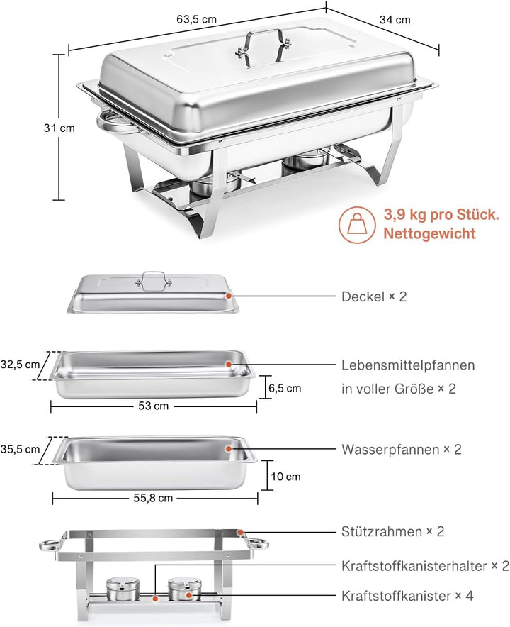Wilprep Chafing Dish Speisewärmer 9L 2pcs Edelstahl Warmhaltebehälter Wärmebehälter Edelstahl Buffet