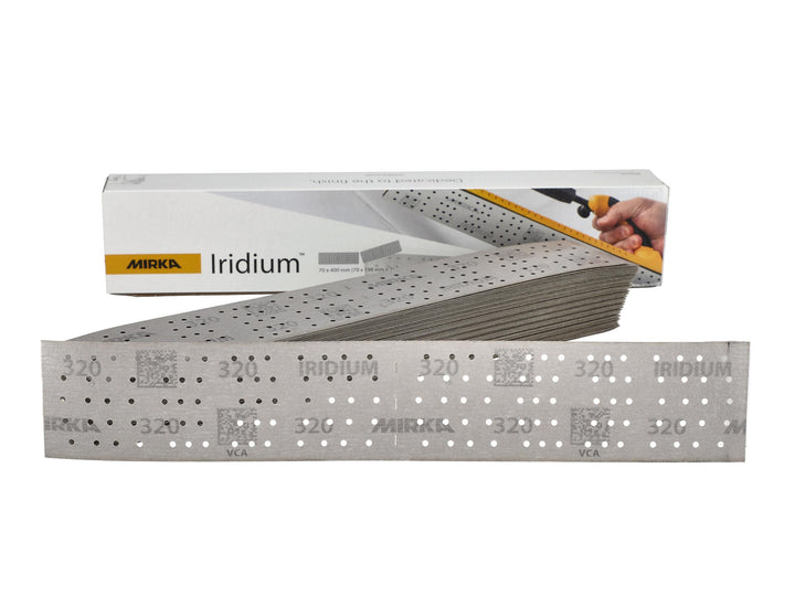 Mirka Iridium Premium-Schleifpapier 70x400mm und 70x198mm / mittig perforiert/Klett/Korn 320, 50 Stk