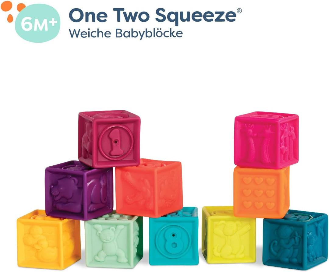 B. toys - One Two Squeeze - Baby-Blöcke - Stapel- und Bauspielzeug für Babys - 10 weiche Blöcke mit