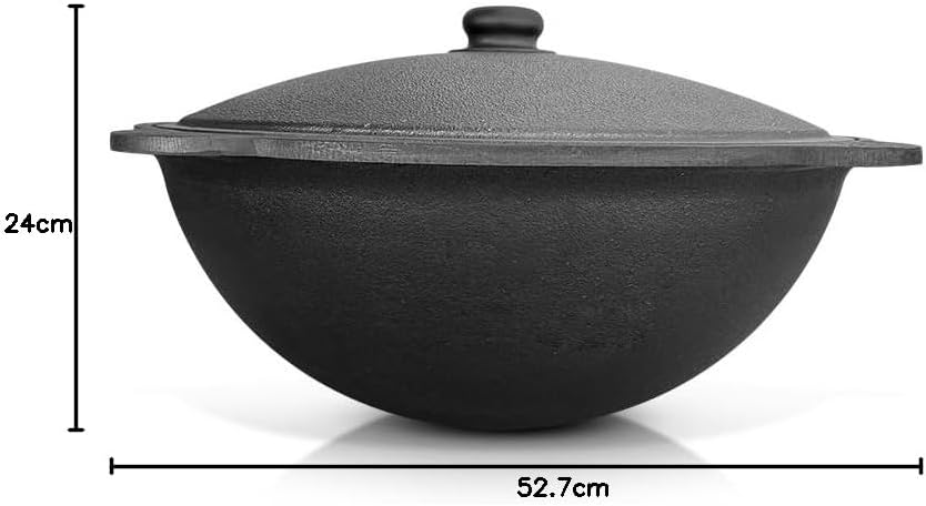 Set - Usbekischer Gusseisen Kasan 22 L runder Boden, Deckel aus Aluminiumguss Schaumlöffel 64 cm Lag