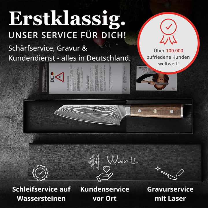 Wakoli Hickory Kiritsuke-Chefmesser 15 cm, 67 Lagen Damaststahl, VG10-Kern | Full-Tang-Konstruktion,