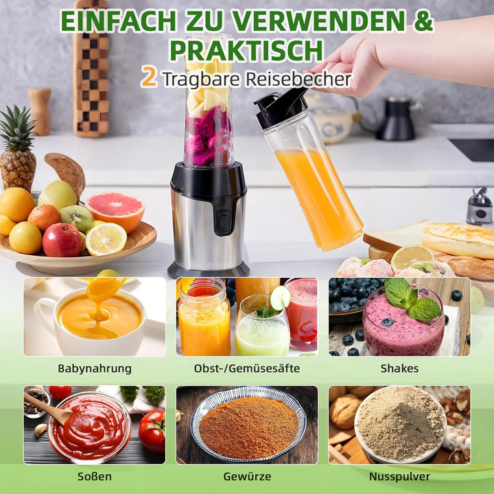 Carehabi Mixer, Tragbarer Mini Standmixer & Smoothie Blender mit 2x600ml Flaschen (BPA-frei), 300W E