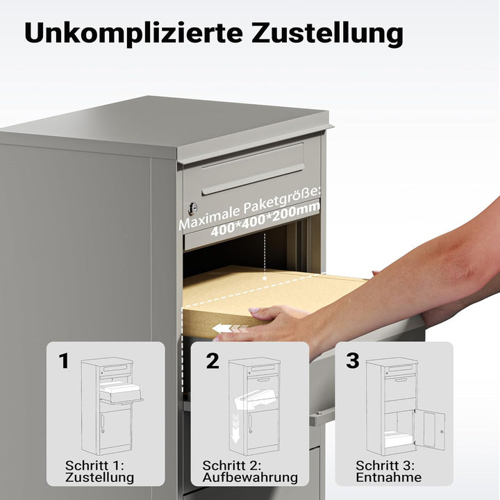 Wiltec Paketkasten grau 500 x 370 x 1120 mm, Paketbox Zuhause, Private Paketannahme passend für Pake