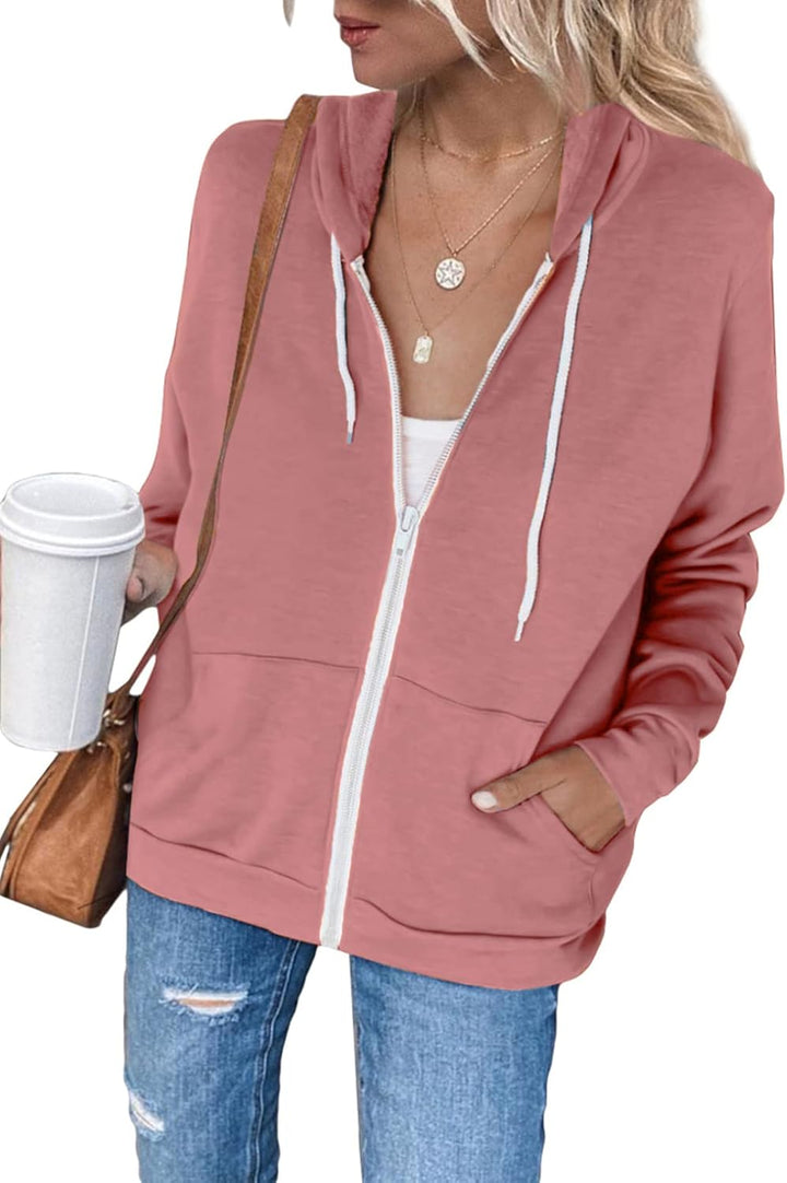 Maavoki Damen Zip Hoodie Langarm Kapuzenpulli Fleece Outwear Jacken Herbst Winter Sweatjacke A-rosa