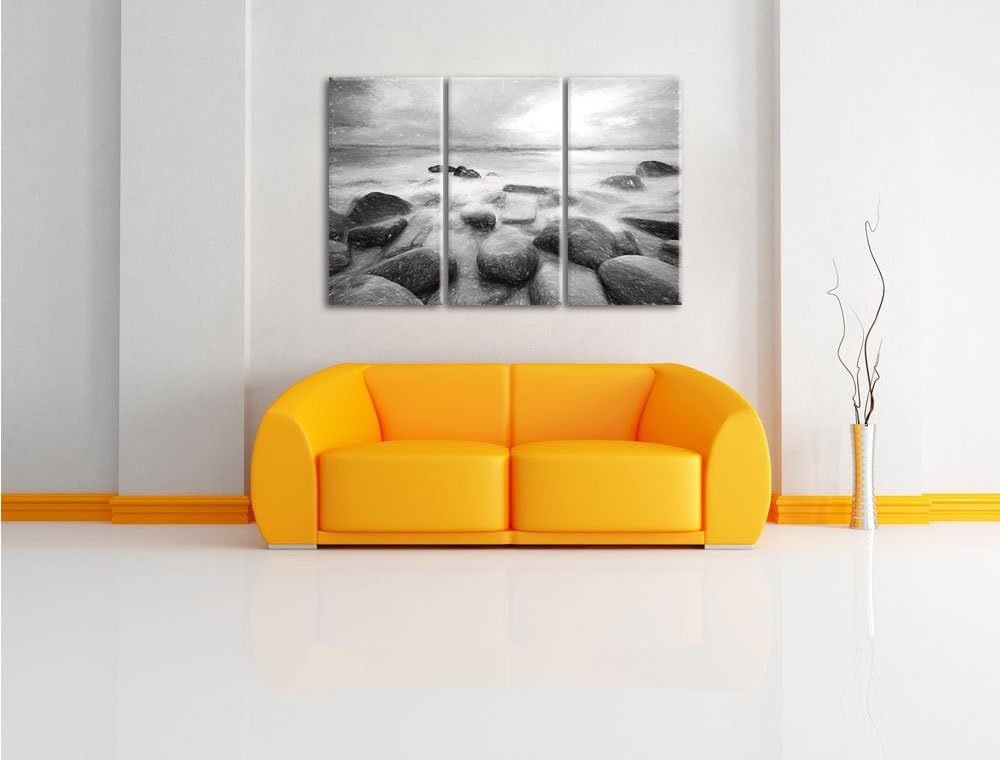 Pixxprint Romantisches Meer Kohle Zeichnung Effekt 3-Teiler Leinwandbild 120x80 Bild auf Leinwand