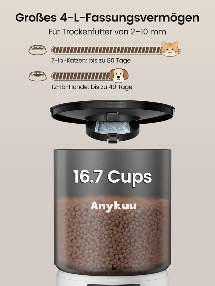 Anykuu Futterautomat Katze &amp; Hund 4L Pet Feeder Cat mit Timer &amp; Portionskontrolle 1-6 Mahlzeiten pro