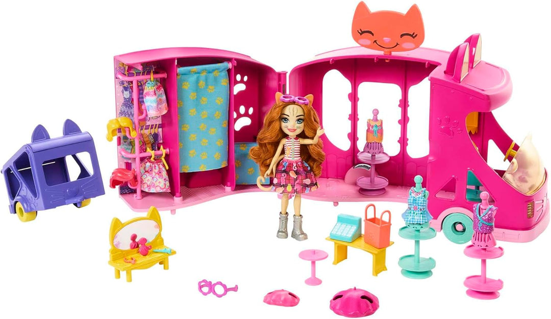 ENCHANTIMALS Glam Party, Puppe und Zubehör, Modewagen-Spielset, Puppe und bester Tierfreund, Wagen,