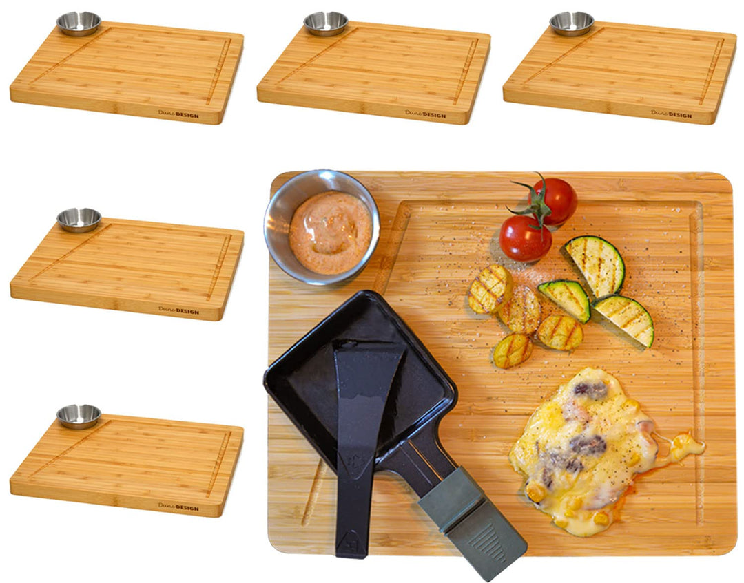 DuneDesign 6 Personen Raclette Teller Set - 30x25 Raclette Brettchen Holz mit Dipschale - Raclette P