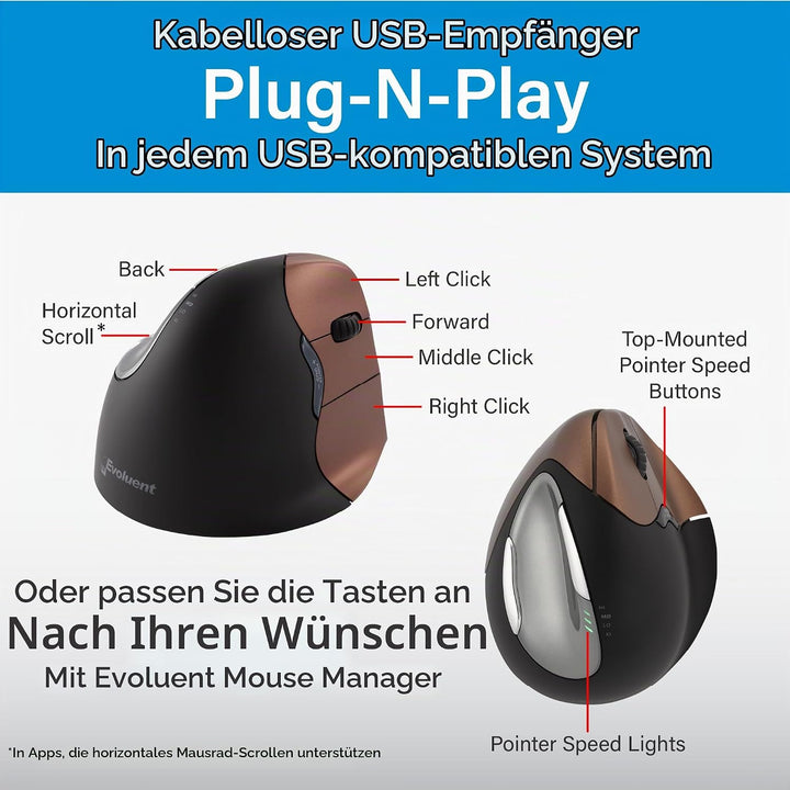 Evoluent Vertical Mouse 4 Small Wireless, VM4SW, Schwarz Single