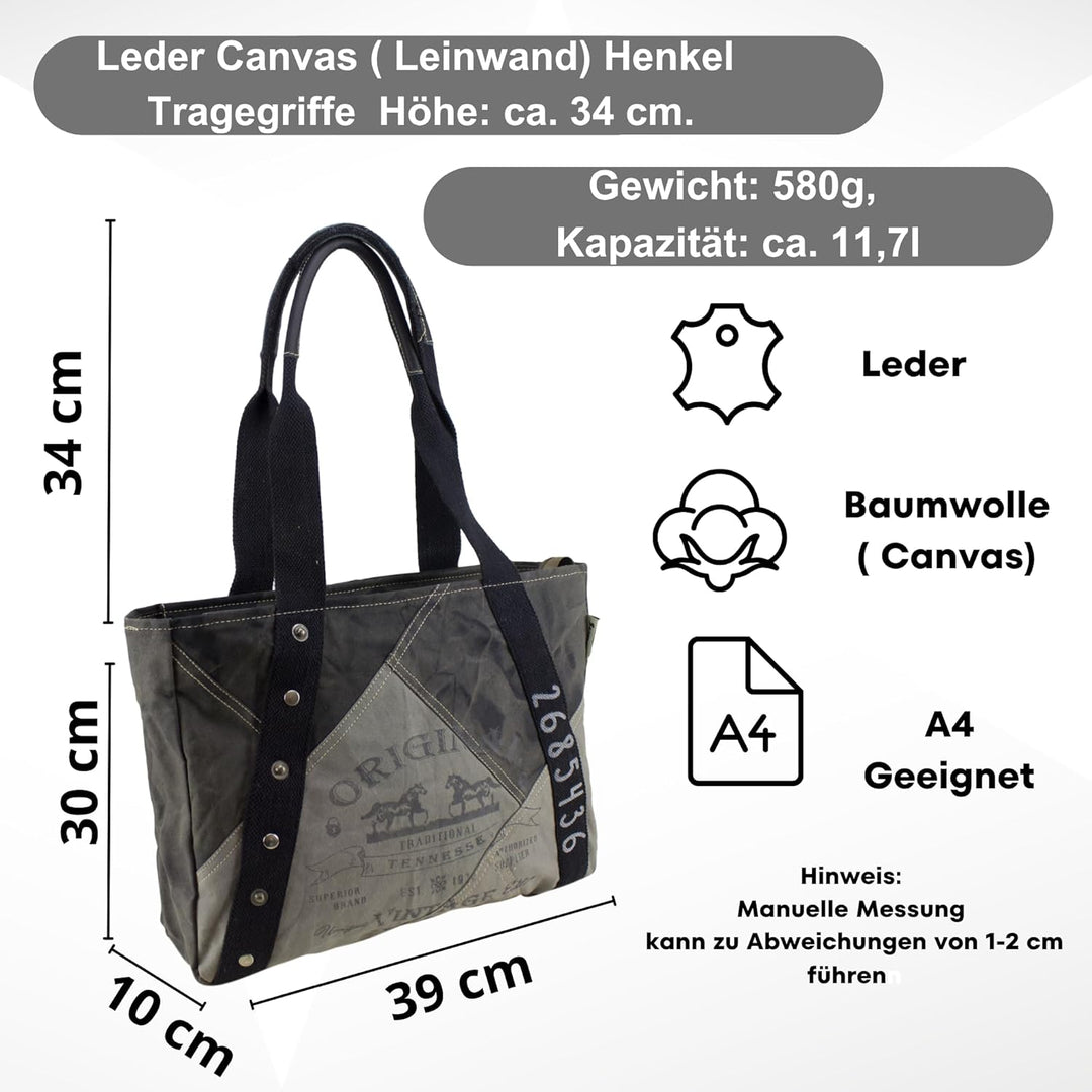 Sunsa Canvas Handtasche. Damen Shopper Tasche in Vintage Stil. Grosse Schultertasche. Schwarz/grau T