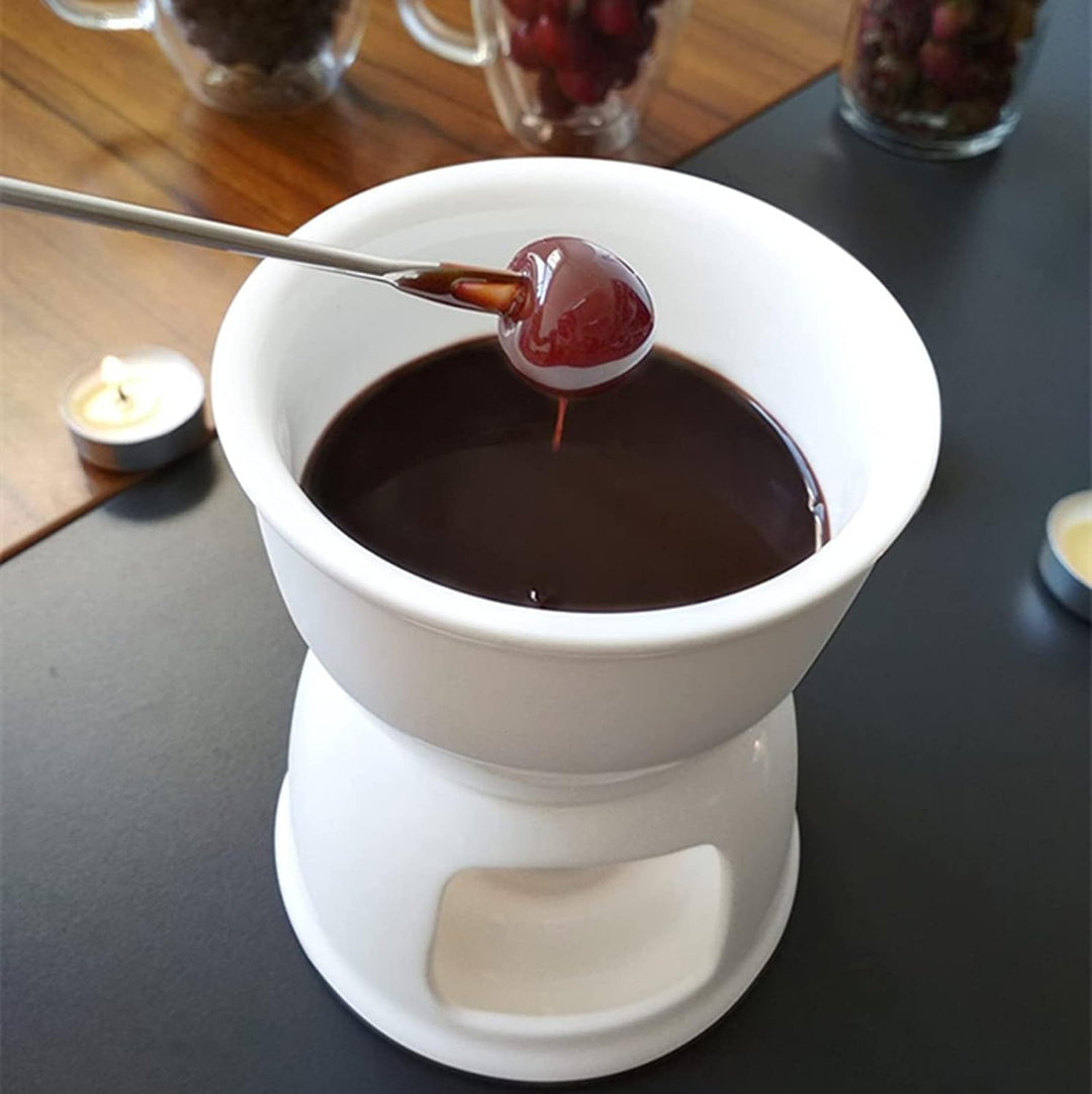 2 Stück Keramik Schokoladen Fondue Set – 400 ml – Fondue Topf mit 8 Edelstahlgabeln – Käse- & Butter