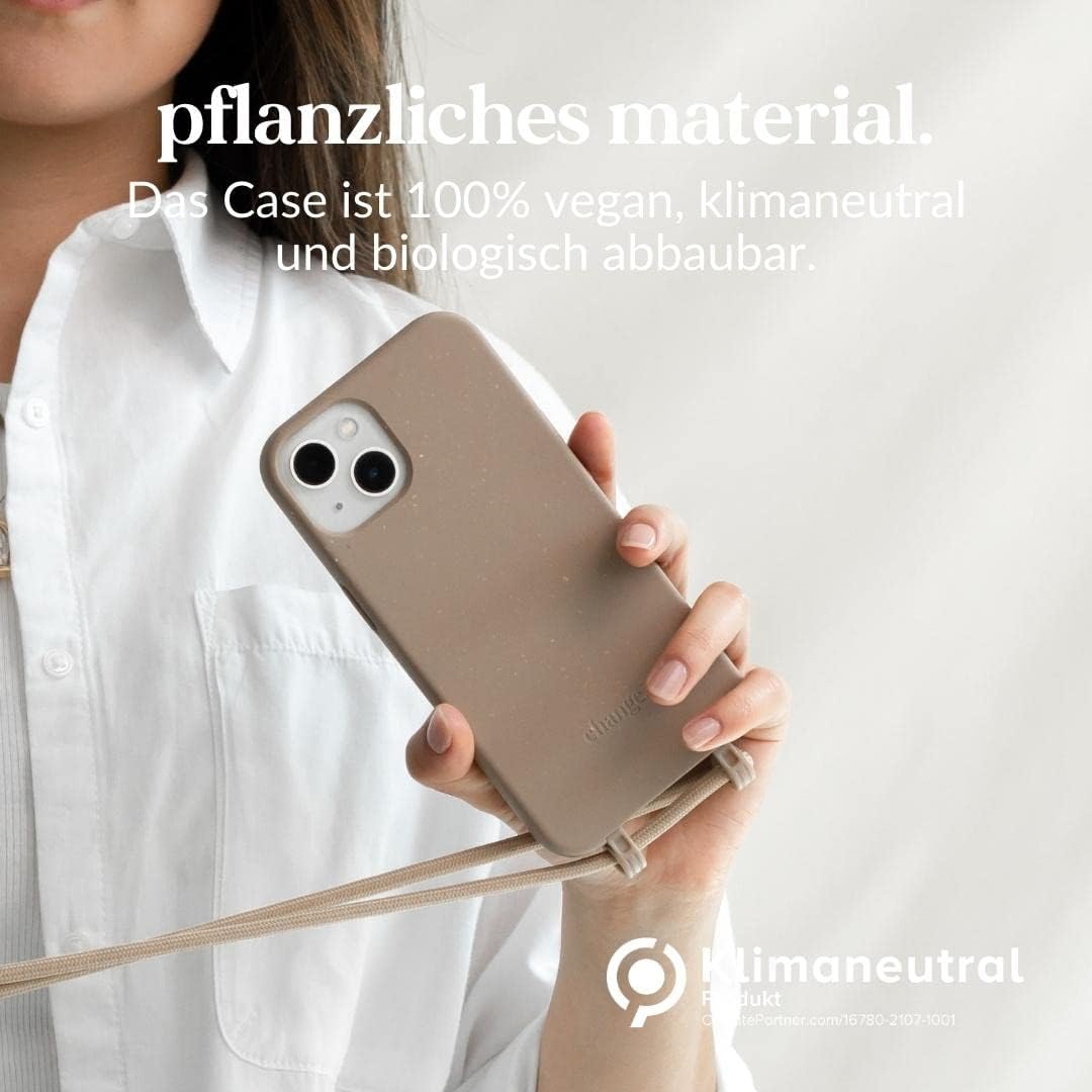 Woodcessories - Nachhaltige Handykette abnehmbar kompatibel mit iPhone 13 Mini Hülle mit Band beige