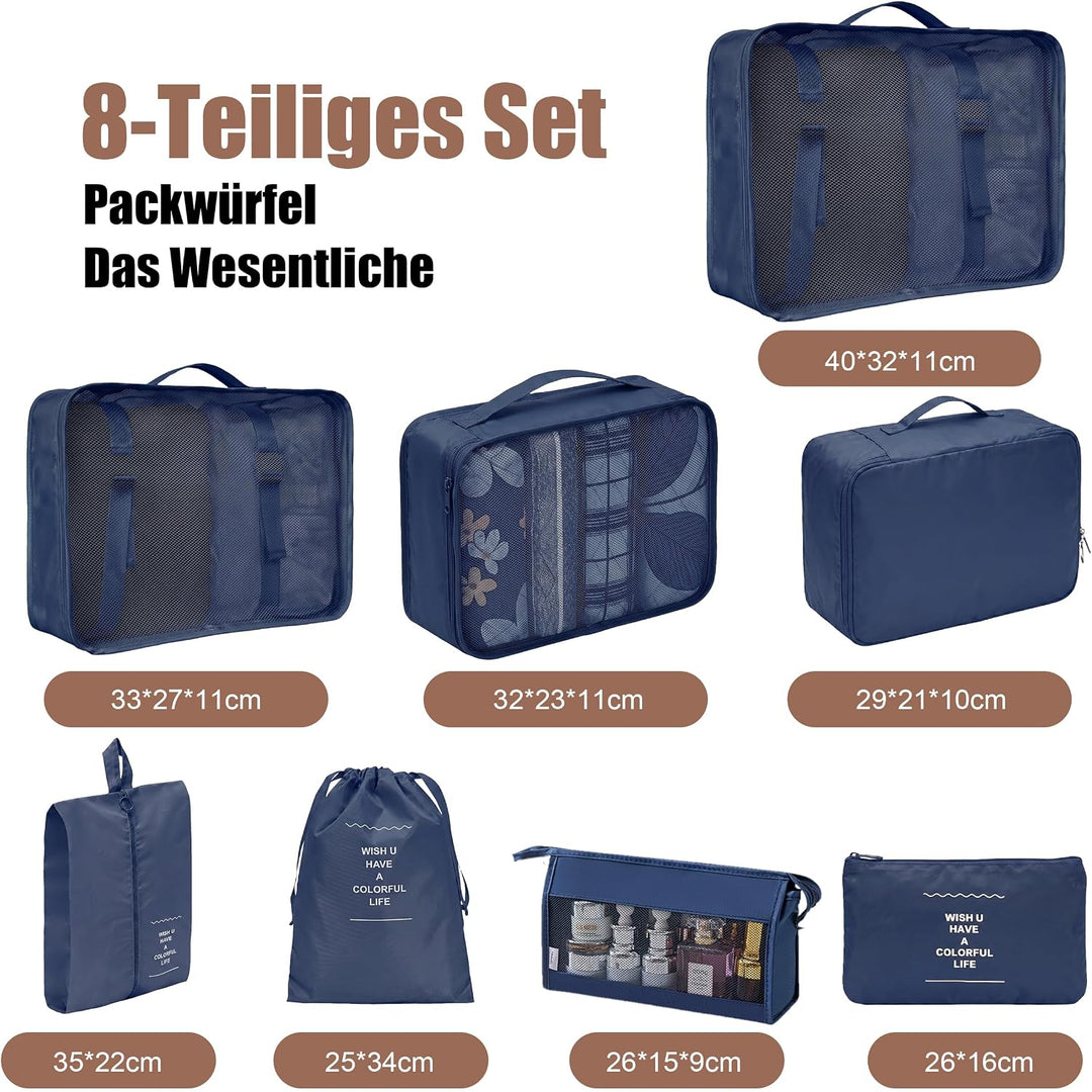 Packing Cubes 8er Set Koffer Organizer Packwürfel Set wasserdicht Marineblau, Marineblau