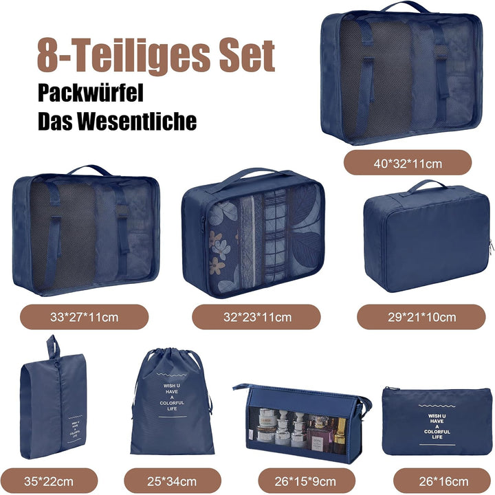 Packing Cubes 8er Set Koffer Organizer Packwürfel Set wasserdicht Marineblau, Marineblau