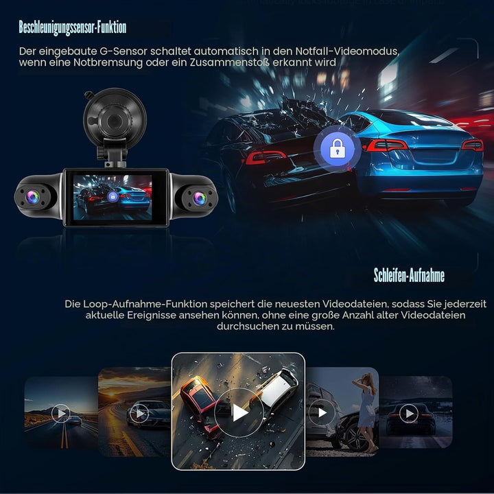 4 Kanal Dashcam Auto Vorne Hinten 2K+1080P*3, 360° 4 Kanal Dashcam, WiFi Dash Cam mit APP Steuerung,