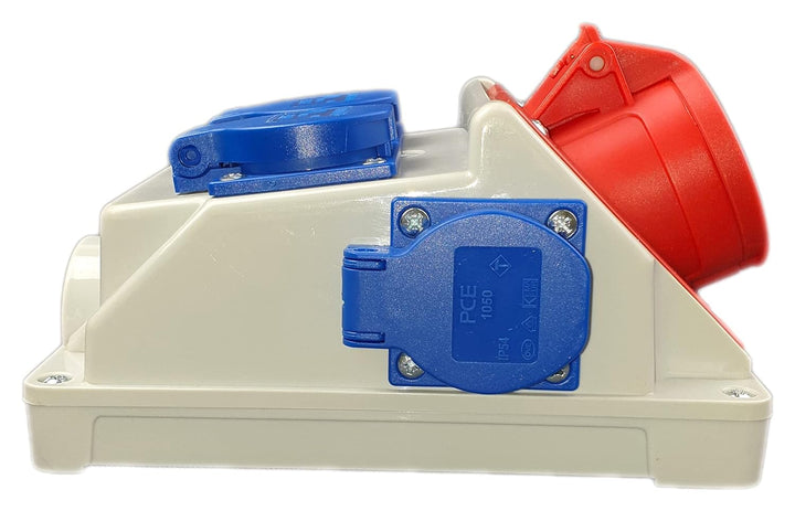 RoadEu Kombi Wandsteckdose 16A 5P mit 4x 230V Schuko. CEE Steckdose 16A. Starkstrom Steckdose IP44 f