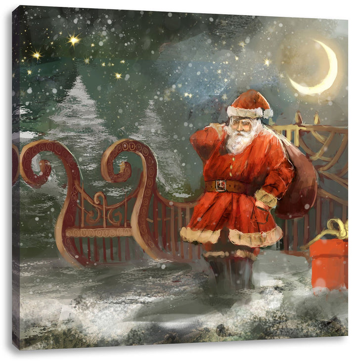 Pixxprint der erschöpfte Weihnachtsmann mit Geschenken, Format: 70x70 auf Leinwand, 70x70