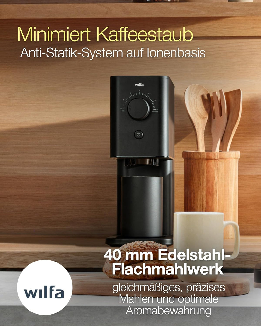 Wilfa ZENSE Kaffeemühle - 30 Mahlgrade - 40mm Edelstahl-Flachmahlwerk - Antistatik - luftdicht versc
